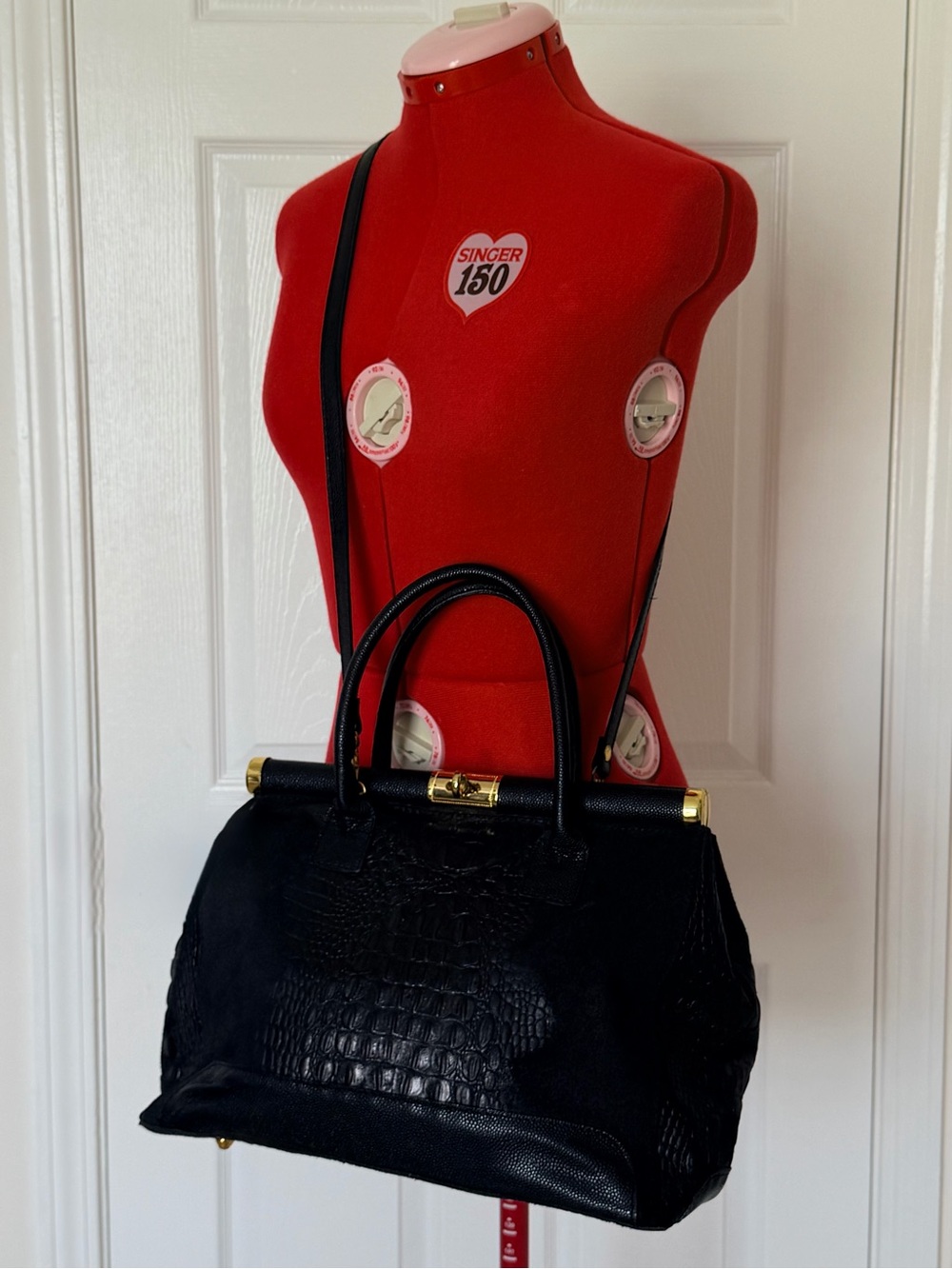 Italy Made Genuine Leather Croc Embossed Satchel Bag Suede Lock Crossbody Large - Picture 3 of 12